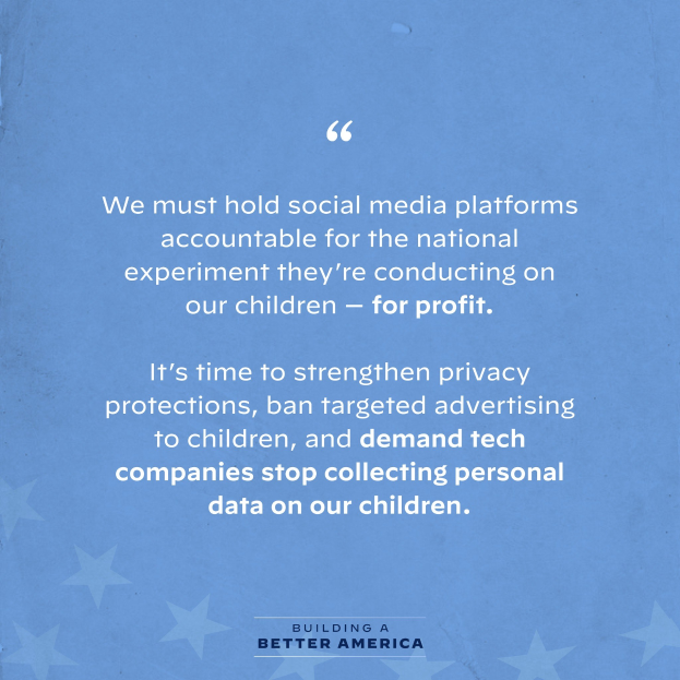 Plakat mit einem Zitat aus Building a Better America, das besagt, dass soziale Medienplattformen für ihren Einfluss auf Kinder zur Rechenschaft gezogen werden sollten, dekoriert mit Sternen.