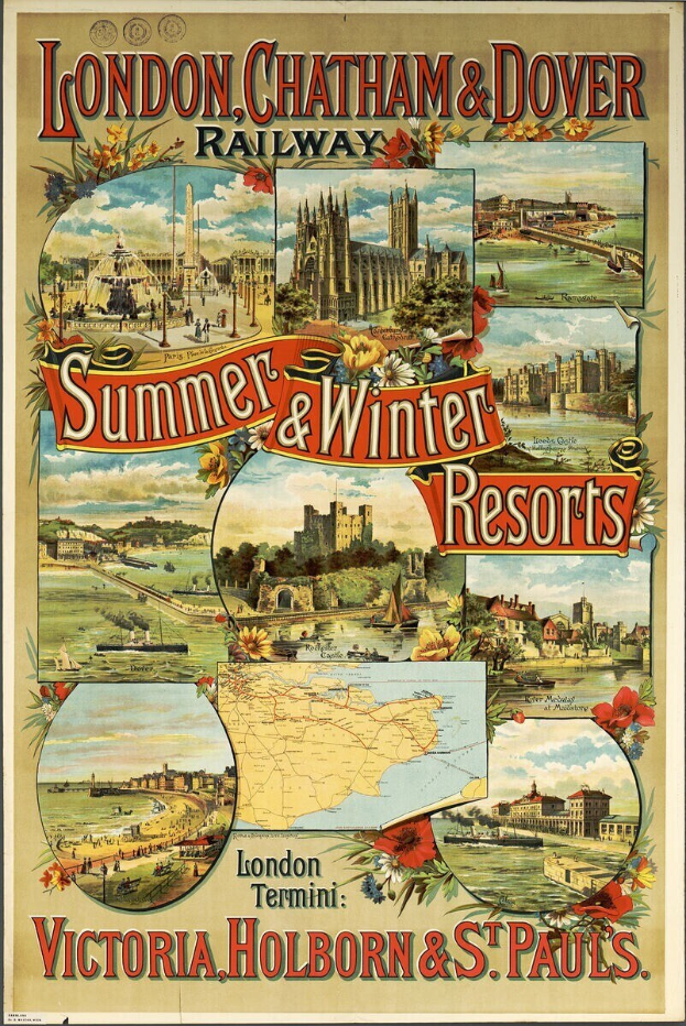 Plakat, das die Sommer- und Winterresorts der London, Chatham and Dover Railway bewirbt, mit Abbildungen von Gebäuden, Bäumen, Blumen, einer Karte und beschreibendem Text.