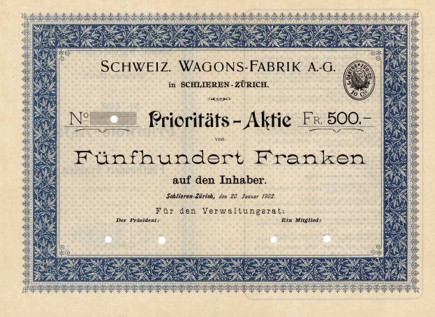 Ein altes deutsches Aktienzertifikat mit blauer Umrandung und der Aufschrift "Schweiz Wagons-Fabrik A.G."
