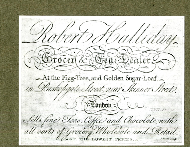 Papierbeleg mit der Aufschrift "Robert Halliday Grocer & Tea Dealer" obenauf.
