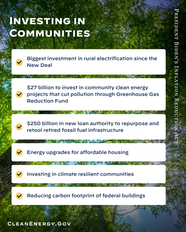 Plakat mit Bäumen und Himmel im Hintergrund, mit dem Text: "In Communities Investieren: Größte Investition in ländliche Elektrizität seit dem New Deal".