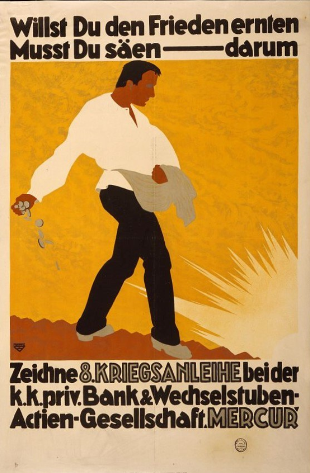 Deutsches Propagandaplakat für die Deutsche Bank mit einem Mann in weißem Hemd und schwarzen Hosen sowie Text mit Bankinformationen.