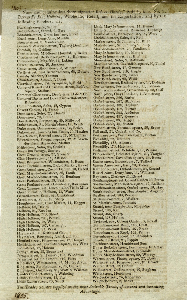 Altes Buch mit vergilbten Seiten, das einen 1805 Handelsbericht in Schreibschrift zeigt, der Namen von Händlern, Handelsdaten und Preise in organisierten Abschnitten auflistet.