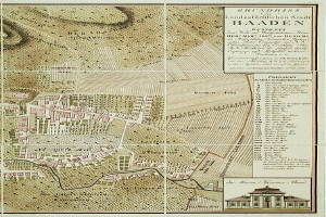 Ein detaillierter alter Stadtplan von Baden-Württemberg, Deutschland, der Straßen, Gebäude und Sehenswürdigkeiten zeigt, mit Text, der zusätzliche Stadtinformationen und ein Gebäude in der rechten unteren Ecke enthält.