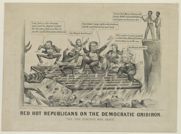 Eine Zeichnung auf Papier zeigt rote Figuren mit der Bezeichnung "republikaner" auf einem blauen Gridiron, mit wütenden Gesichtern und erhobenen Armen, begleitet von fetter schwarzer Schrift.