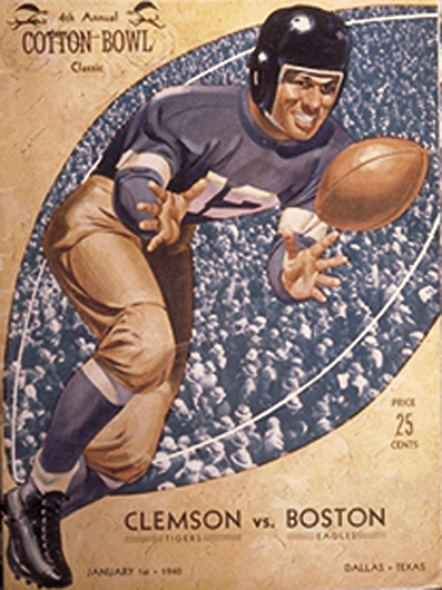 Ein Plakat mit einem Football-Spieler in einem Helm, der einen Football hält, mit der Aufschrift "Cotton Bowl Cleveland vs Boston" oben und einem entschlossenen Gesichtsausdruck.