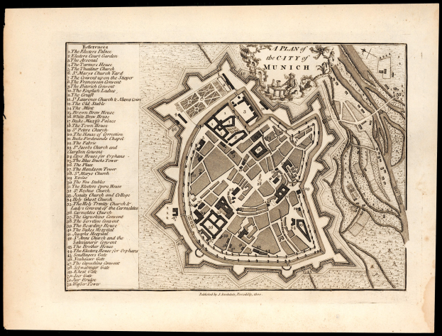Detailiertes altes Stadtplan von München, Deutschland, mit Straßen, Gebäuden und Sehenswürdigkeiten auf schwarzem Hintergrund, begleitet von Textbeschriftungen.