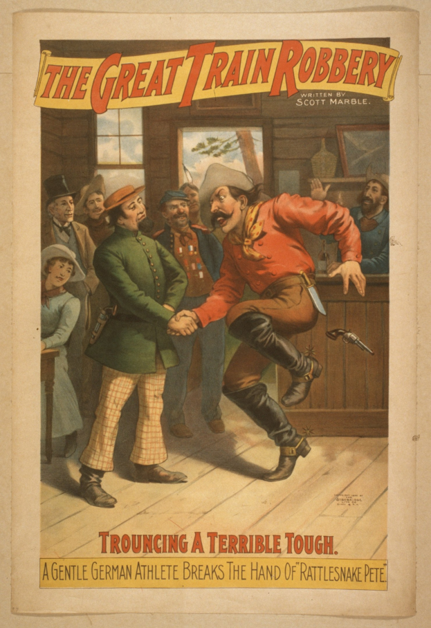 Plakat für "The Great Train Robbery", das eine Gruppe von Menschen zeigt, von denen einer eine Waffe hält, ein Fenster, eine Wand und Text oben und unten.