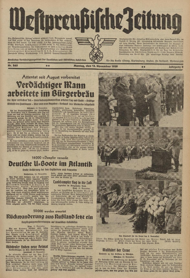 Schwarze-Weiß-Titelseite einer deutschen Zeitung vom 13. November 1939 mit der Überschrift 'Weitpreubliche Zeitung', die eine Gruppe von Menschen in traditioneller deutscher Kleidung zeigt.