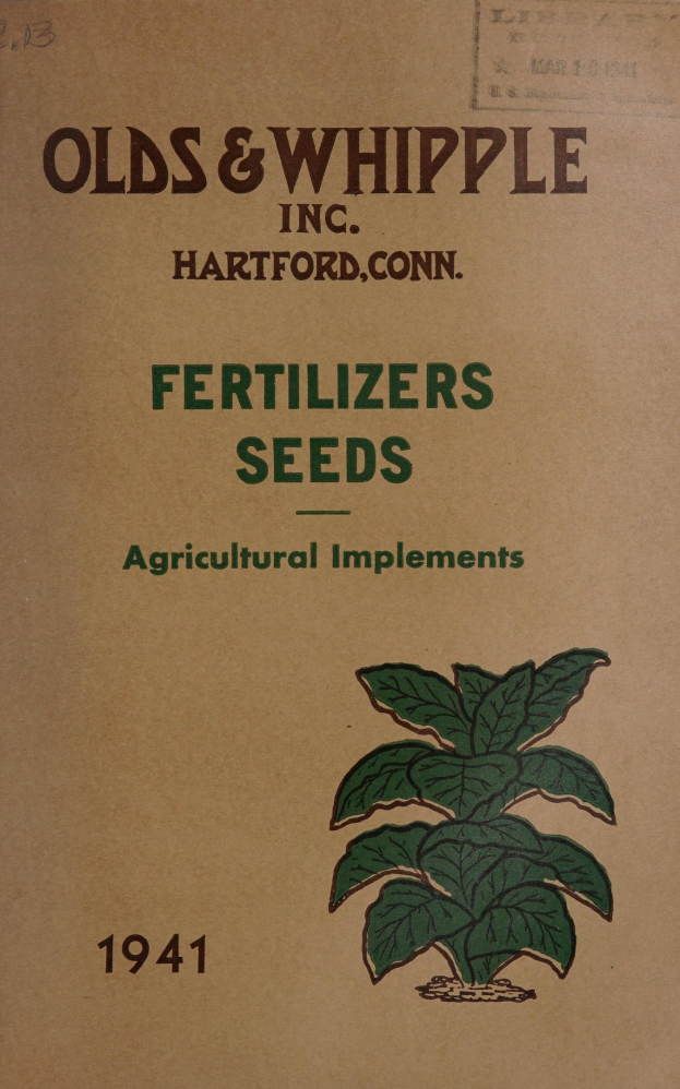 Alter Buchumschlag mit der Aufschrift "Düngezügen Saatgut Landwirtschaftliche Geräte 1941" mit einer Illustration einer grünen Pflanze mit Blättern und Stängeln, umgeben von weißer.