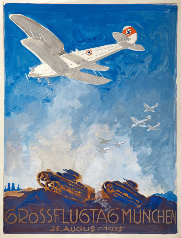 Plakat zur Ankündigung eines Luftfahrtfestivals in München am 25. August 1935, das Flugzeuge am Himmel zeigt.