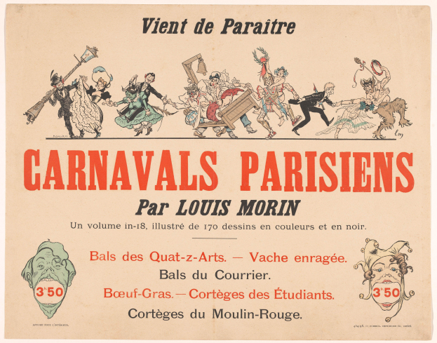 Ein Papier mit der Überschrift "Karnevals in Paris" von Louis Morin in fetter Schrift, mit leuchtenden Illustrationen von Menschen in bunten Kostümen und Masken bei einem lebhaften Karneval.