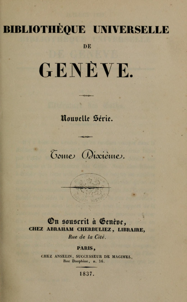 Altes Buch mit dem Titel "Bibliothèque Universelle de Geneve" offen