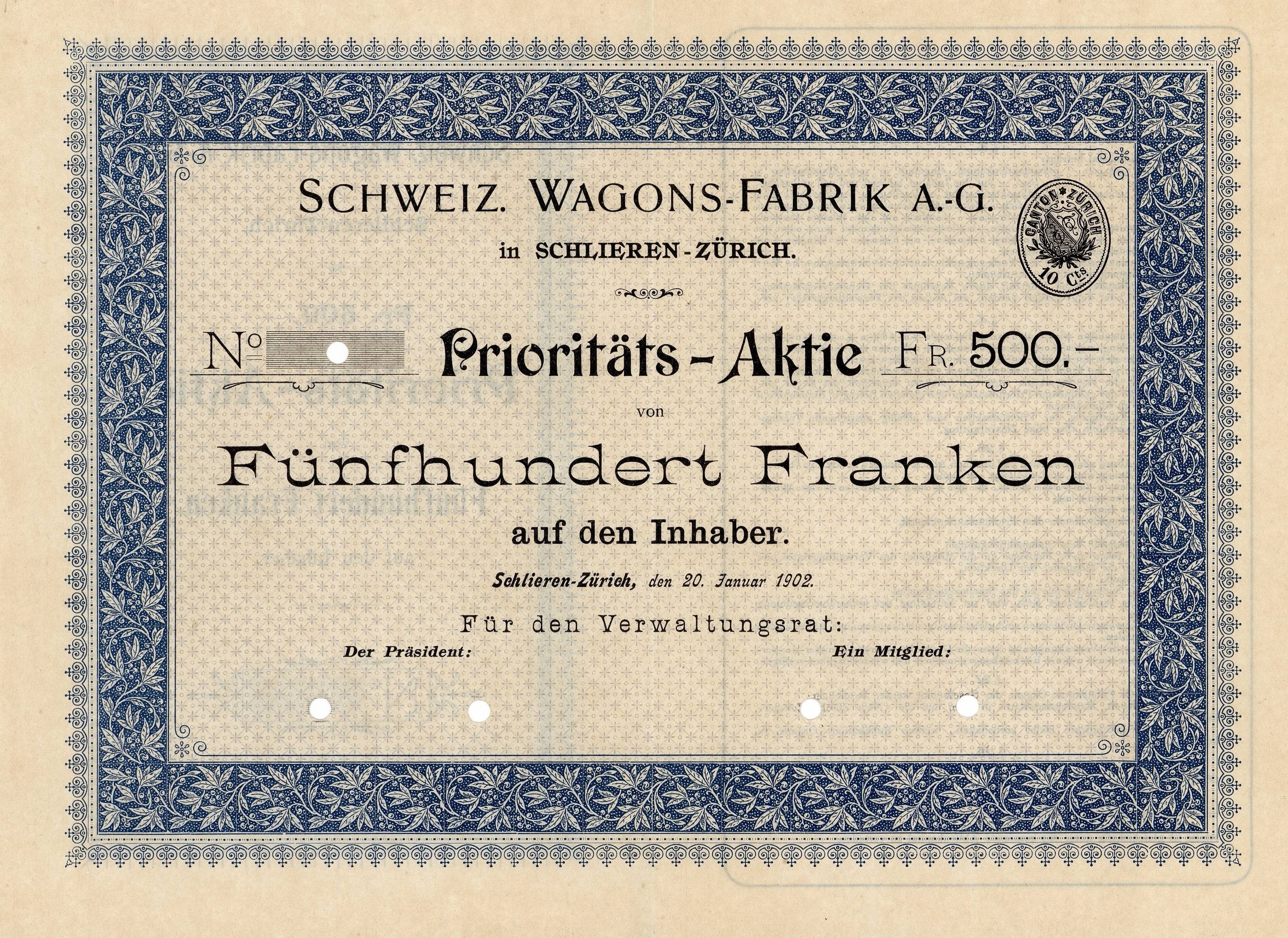 Deutsches Aktienzertifikat für Schweiz Wagons-Fabrik A.G. mit blauem Rand und gedrucktem Text.
