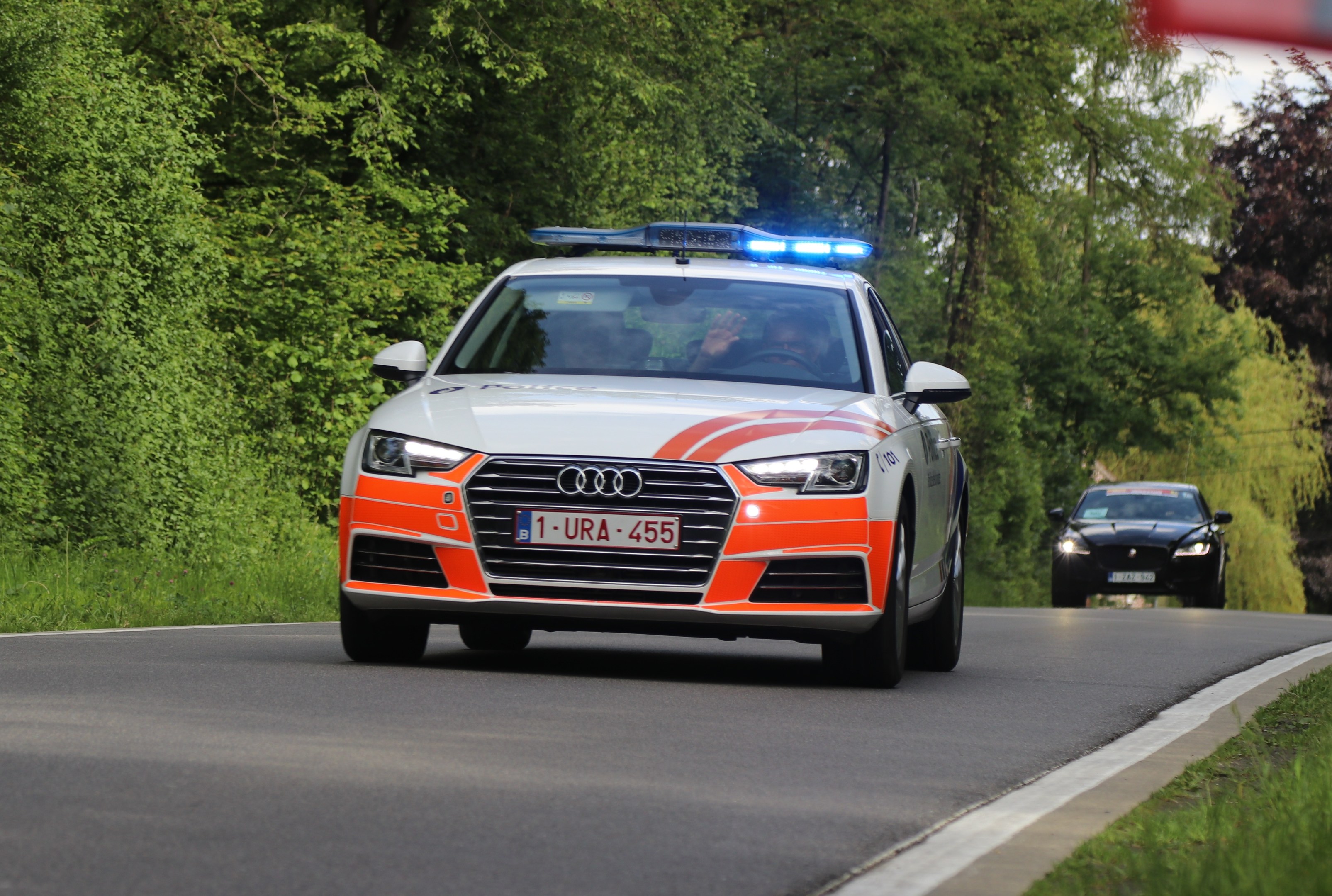 Audi A4 Polizeifahrzeug auf einer grasbewachsenen Straße neben einem Wald mit zwei Personen darin unter einem klaren blauen Himmel.