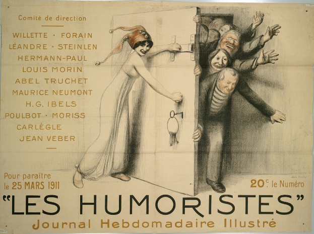 Ein buntes Plakat an einer Gebäudewand mit der Aufschrift 'Les Humoristes Journal Hebdomadaire Illustré', das eine Gruppe fröhlicher, lachender Menschen zeigt.