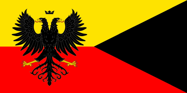 Deutsches Flagge mit drei horizontalen Streifen in Schwarz, Rot und Gold, mit einem schwarzen Doppeladler in der Mitte mit ausgebreiteten Flügeln und erhobenem Haupt.
