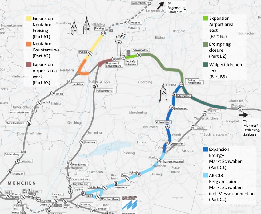 Eine detaillierte Karte einer Stadt mit einer hervorgehobenen Bahnroute von München nach Frankfurt, einschließlich Haltestellen und Umgebung, mit zusätzlichen Bahninformationen.