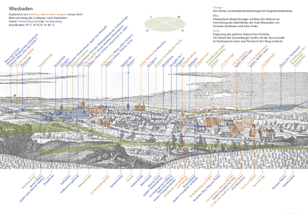 Ein detaillierter Stadtplan von Wiesbaden, Deutschland, mit verschiedenen Blautönen, Grüntönen und Gelbtönen, die verschiedene Gebiete darstellen, überlagert mit weißer Schrift, die die Geschichte der Stadt, die Bevölkerung, Sehenswürdigkeiten und interessante Punkte beschreibt.