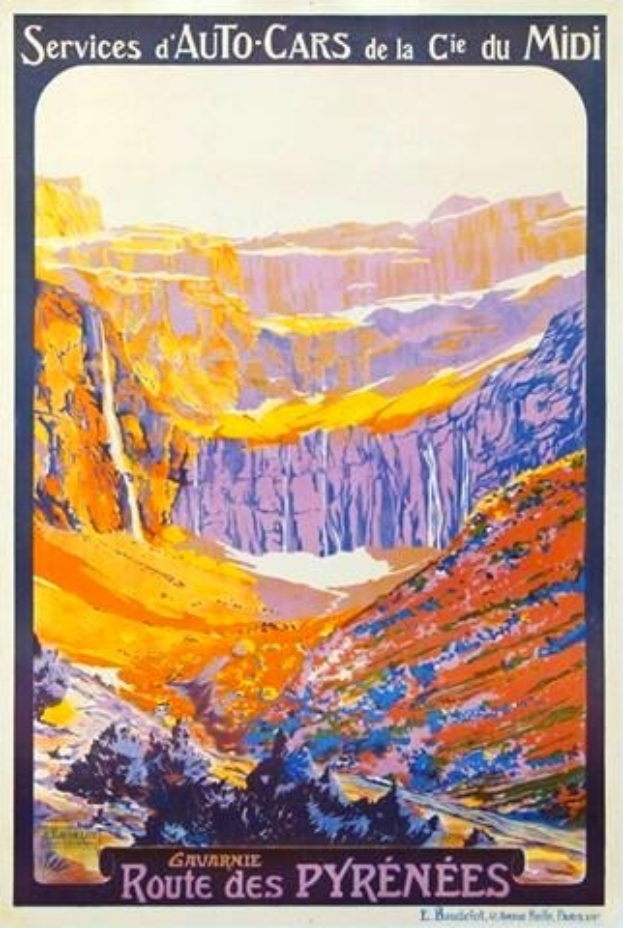 Plakatwerbung für eine Autowerkstatt in den Pyrenäen, Frankreich, mit einer Landschaft aus Hügeln und einem klaren blauen Himmel, das Text über den Service enthält.