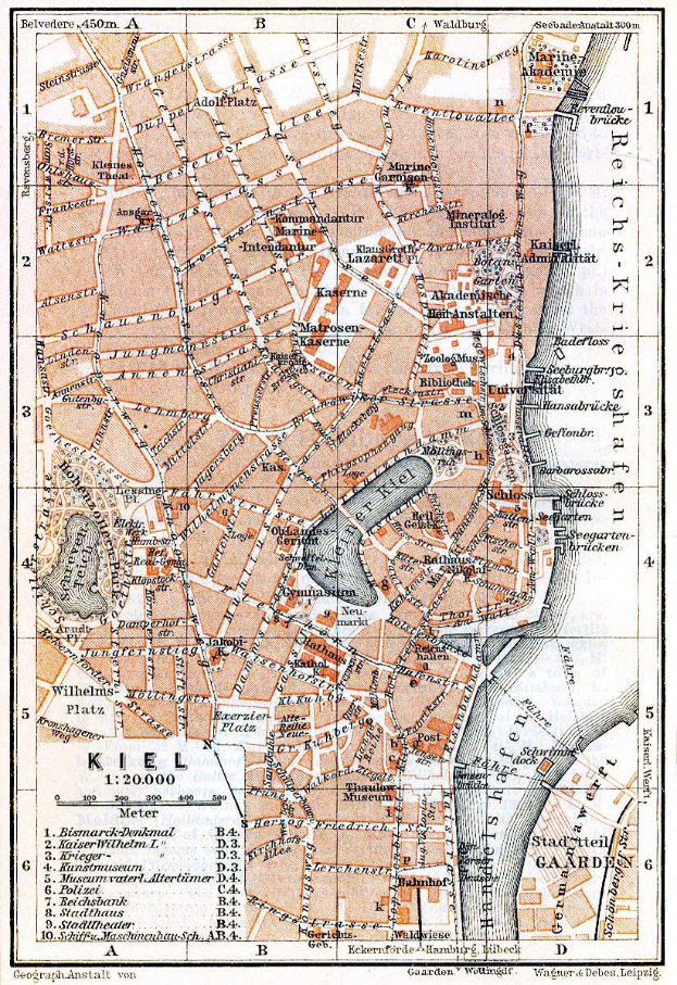 Ein alter Stadtplan von Kiel, Deutschland, zeigt detaillierte Straßen, Gebäude und Sehenswürdigkeiten mit Text oben und unten.