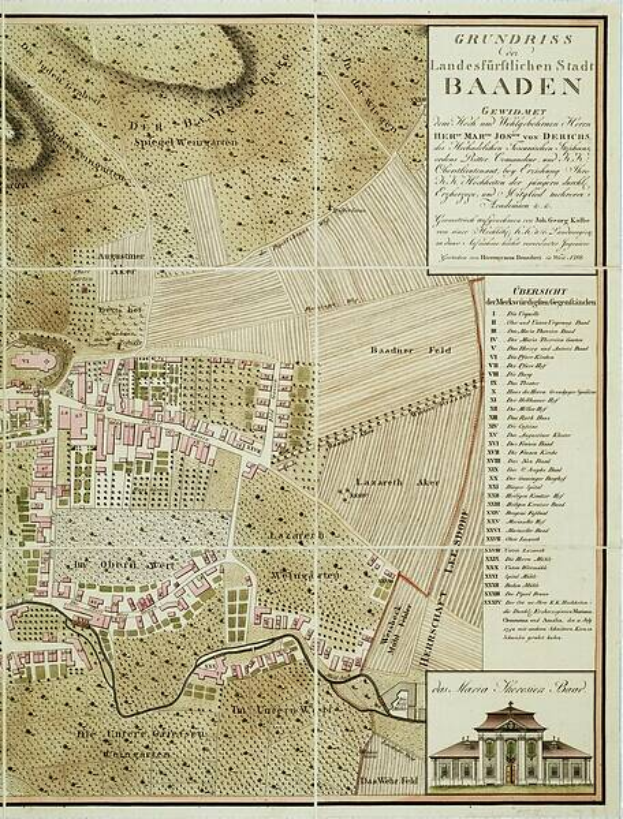 Ein detaillierter alter Stadtplan von Baden-Württemberg, Deutschland, der Straßen, Gebäude und Sehenswürdigkeiten zeigt, mit einem markierten Gebäude in der unteren rechten Ecke und Text, der die Stadtinformationen bereitstellt.
