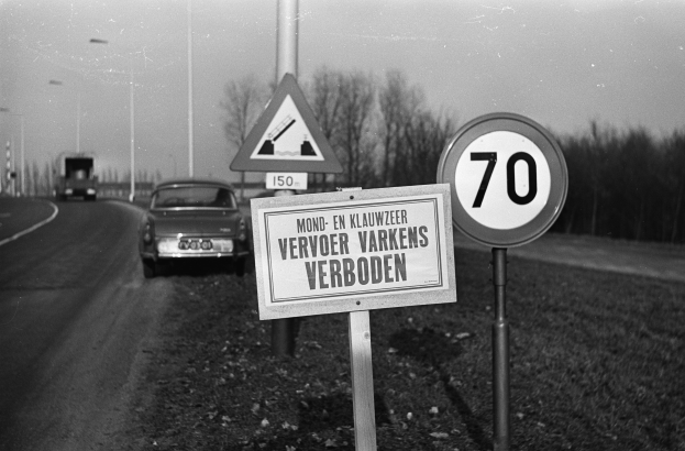 Schwarz-weiß-Foto eines Tempolimitschildes am Straßenrand mit einem vorbeifahrenden Auto, Bäumen, Pfählen und einem klaren Himmel im Hintergrund.