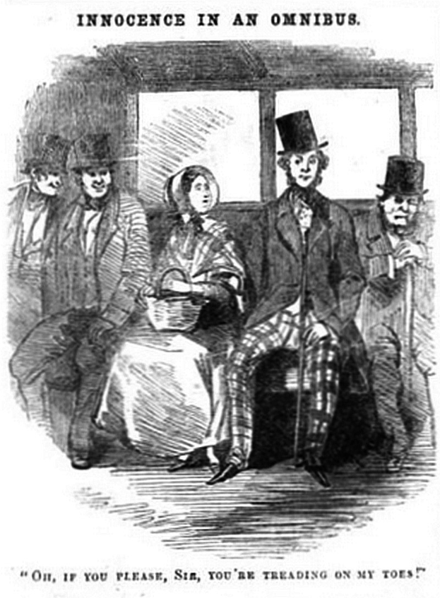 Eine Gruppe von Menschen in einem Zug, mit einer Frau in einem langen Kleid und Hut, die einen Korb hält und besorgt aussieht, während andere um sie herum besorgt reagieren.