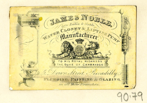Visitenkarte für James Noble Wasser closet & Hebe-Pumpenhersteller mit Text, der das Produkt und seine Merkmale beschreibt.