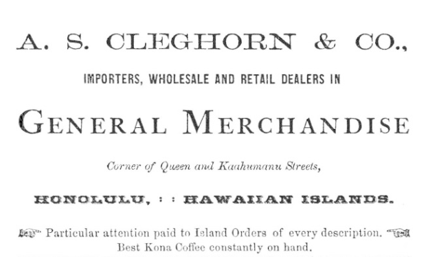 Schwarzer und weißer Papierbogen mit gedrucktem Text, der "A.S. Cleghorn & Co. Importeure, Groß- und Einzelhandelsgeschäfte in Allgemeinwaren" lautet.