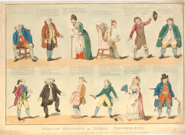 Zeitung mit Abbildungen von Menschen und handgeschriebenem Text, der die öffentliche Meinung zu rechtlichen Verfahren zusammenfasst.