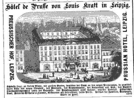 Schwarze und weiße Anzeige für ein Hotel in Leipzig, Deutschland mit einer Illustration des Gebäudes, umgeben von Bäumen und Menschen, sowie beschreibendem Text.