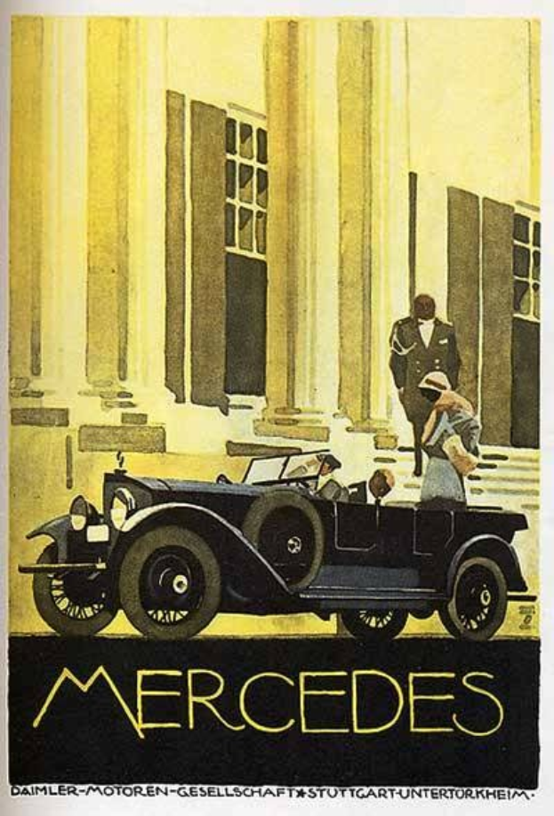 Vintage-Plakat aus den 1920er Jahren von Mercedes-Benz mit einem klassischen Auto vor einem modernen Gl├Ąserturm, mit zwei Personen im Auto und fetter schwarzer Schrift unten.