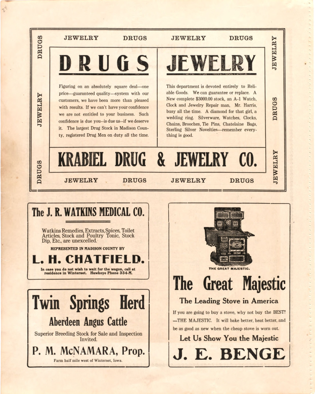 Alter Werbekatalog für eine Drogerie und Juwelier, der eine Liste von Artikeln anzeigt.