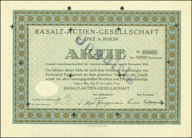 Rahmung alter Aktienbescheinigung ausgestellt von Basalt-Actien-Gesellschaft in Linz, Deutschland, mit gedrucktem Text.