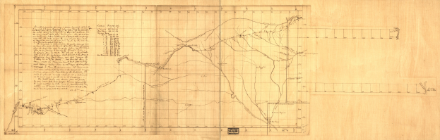 Ein altes Buch mit einer detaillierten Karte, die Straßen, Autobahnen und Textbeschriftungen von Städten, Dörfern und Sehenswürdigkeiten zeigt.