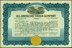 Aktienzertifikat der All-American Truck Company mit schwarzem Rand, goldenem Siegel in der Mitte und gedrucktem Text einschließlich Unternehmensdetails.