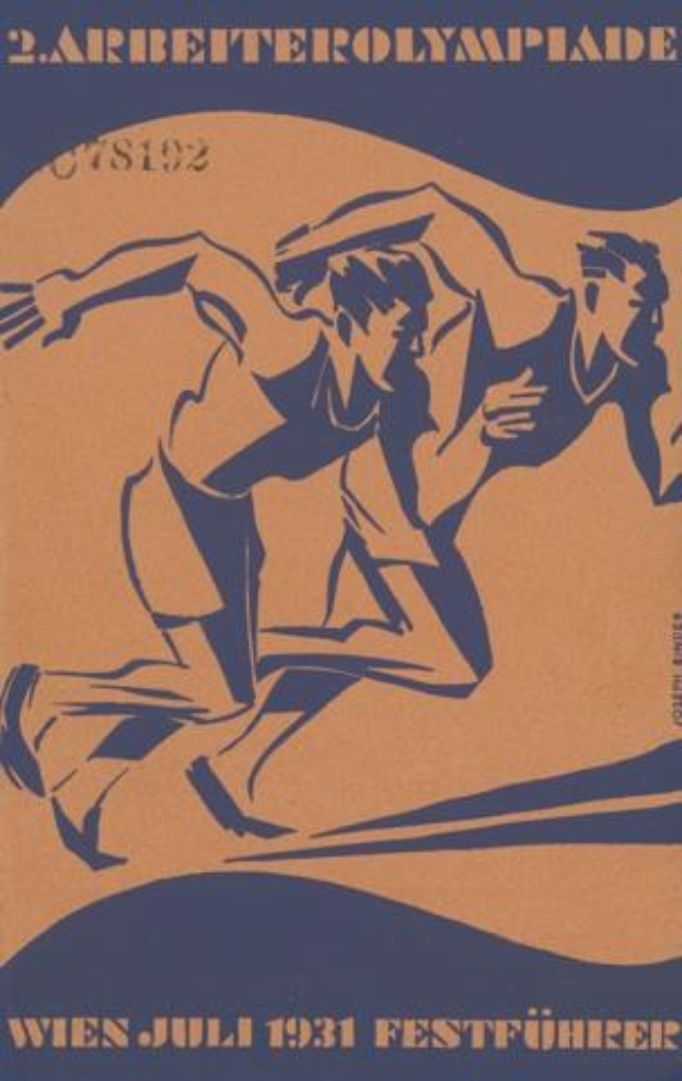 Plakat für die Olympischen Spiele 1932 in Berlin, das zwei Läufer in der Mitte zeigt.