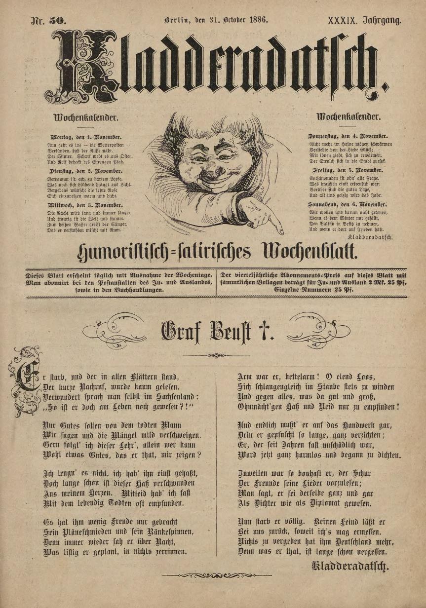 Altes Buch mit einer deutschen Zeitungsseite vom 31. Oktober 1886, das einen Mann mit der Illustration 'Kladdendatlich' (Frohes neues Jahr) zeigt.