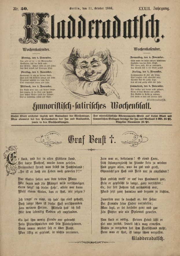 Altes Buch mit einer deutschen Zeitungsseite vom 31. Oktober 1886, das einen Mann mit der Illustration 'Kladdendatlich' (Frohes neues Jahr) zeigt.