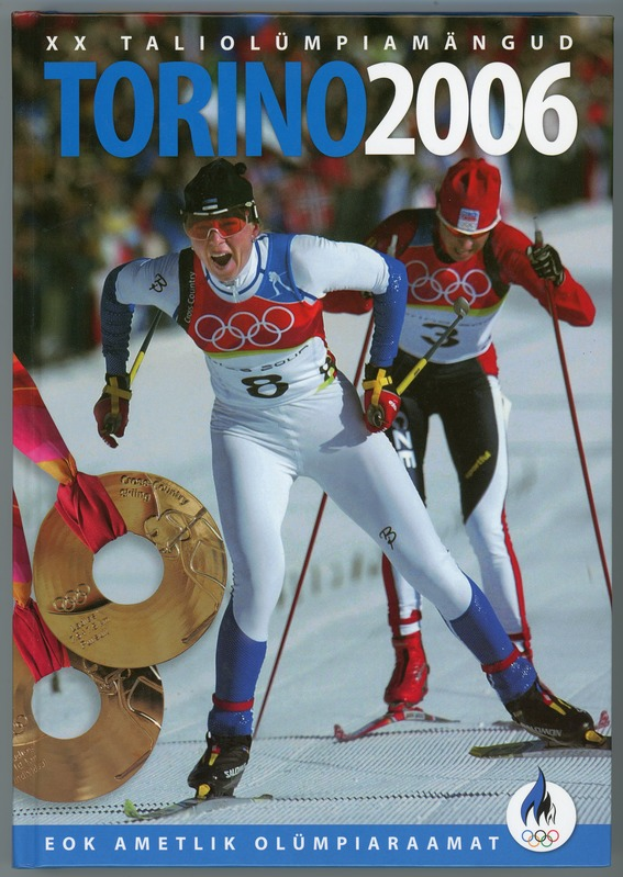 Ein Plakat der Olympischen Spiele 2006 in Turin, Italien, mit zwei Skifahrern auf Schnee und der Aufschrift "Torino 2006" oben.