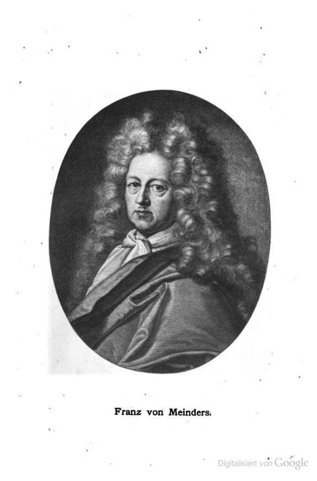 Schwarzes und weißes Porträt von Franz von Meinders, einem deutschen Komponisten mit langen lockigen Haaren, und deutschem Text unten.