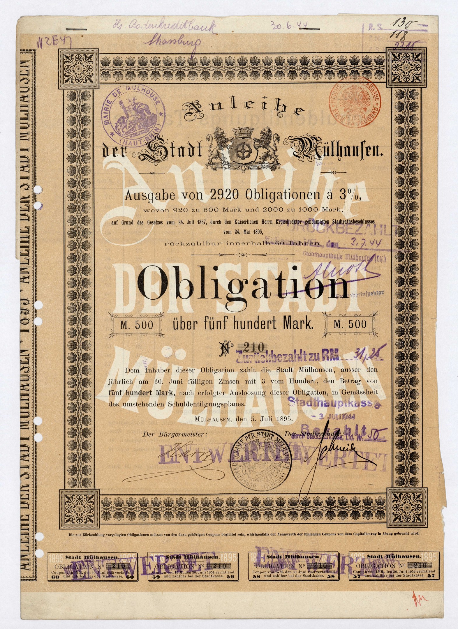 Altes deutsches Wertpapier mit weißem Hintergrund, das Text und Stempel enthält, die eine Verpflichtung anzeigen.