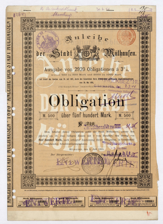 Altes deutsches Wertpapier mit weißem Hintergrund, das Text und Stempel enthält, die eine Verpflichtung anzeigen.