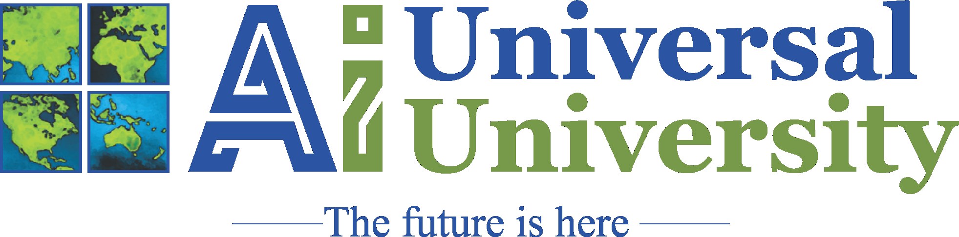 Das Logo zeigt einen blauen Kreis mit weißer Umrandung und einem weißen Stern in der Mitte, umgeben von einem weißen Ring mit dem blauen Text "Universelle Universität" und dem Satz "Die Zukunft ist Hier" in fetter, schwarzer Schrift darunter.